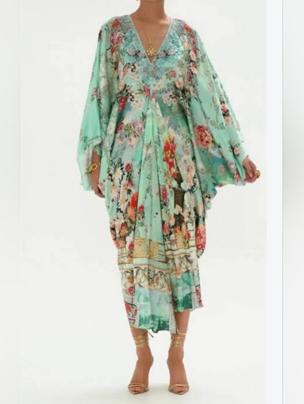 Camilla Caftan Dress, NEW! 100% SILK, Sky Blue tones, Scenic, Crystals